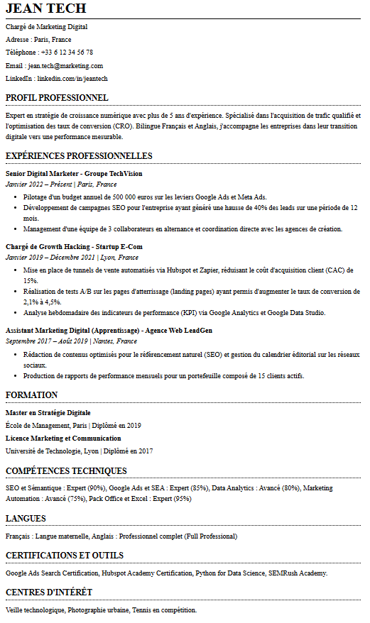 Exemple de CV optimisé ATS